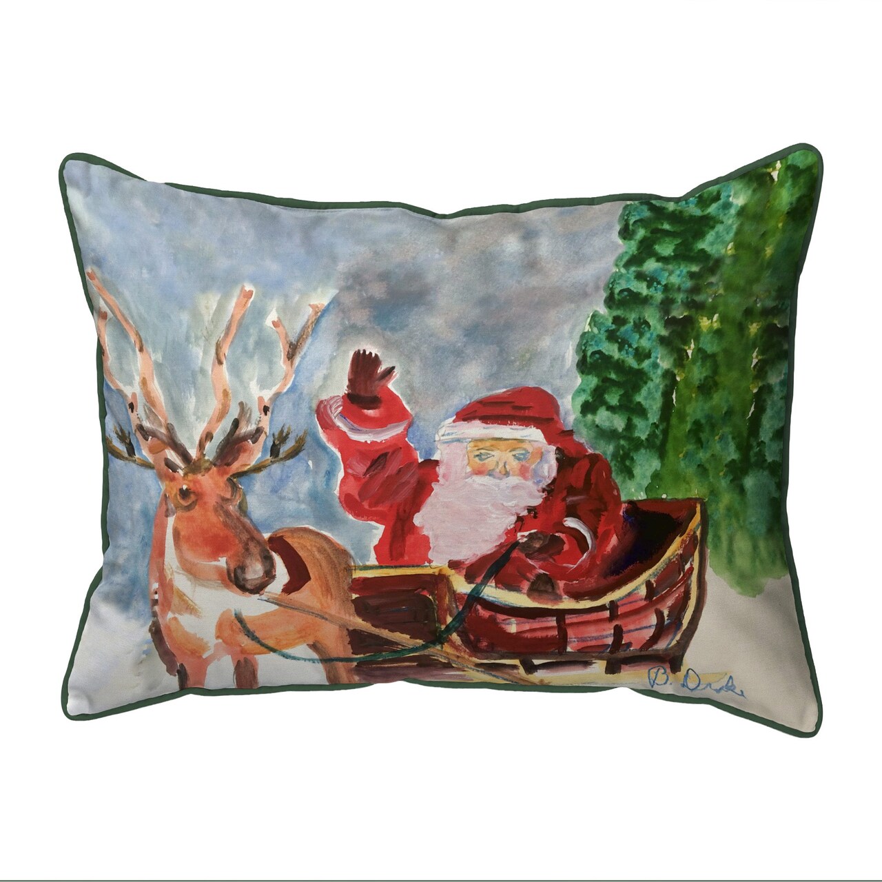 Betsy Drake Reindeer & Santa Large Indoor/Outdoor Pillow 16x20